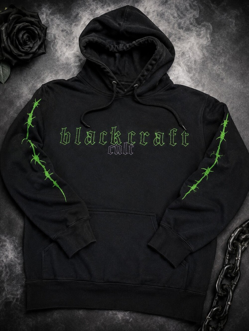 Blackcraft Cult Gothic Logo Hoodie M Black Green Graphic Pullover Unisex